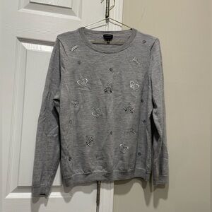 Talbots 100% Merino Wool Grey Crew-neck Sweater w/ Bejewelled Crown Acc XL